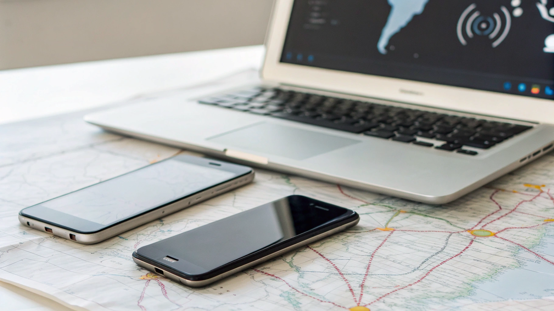 Смартфоны на карте и ноутбуке с отображением покрытия сети и уровня сигнала