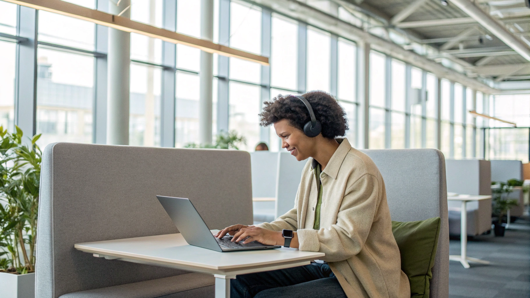 Пользователь в open-space офисе разговаривает по гарнитуре TWS