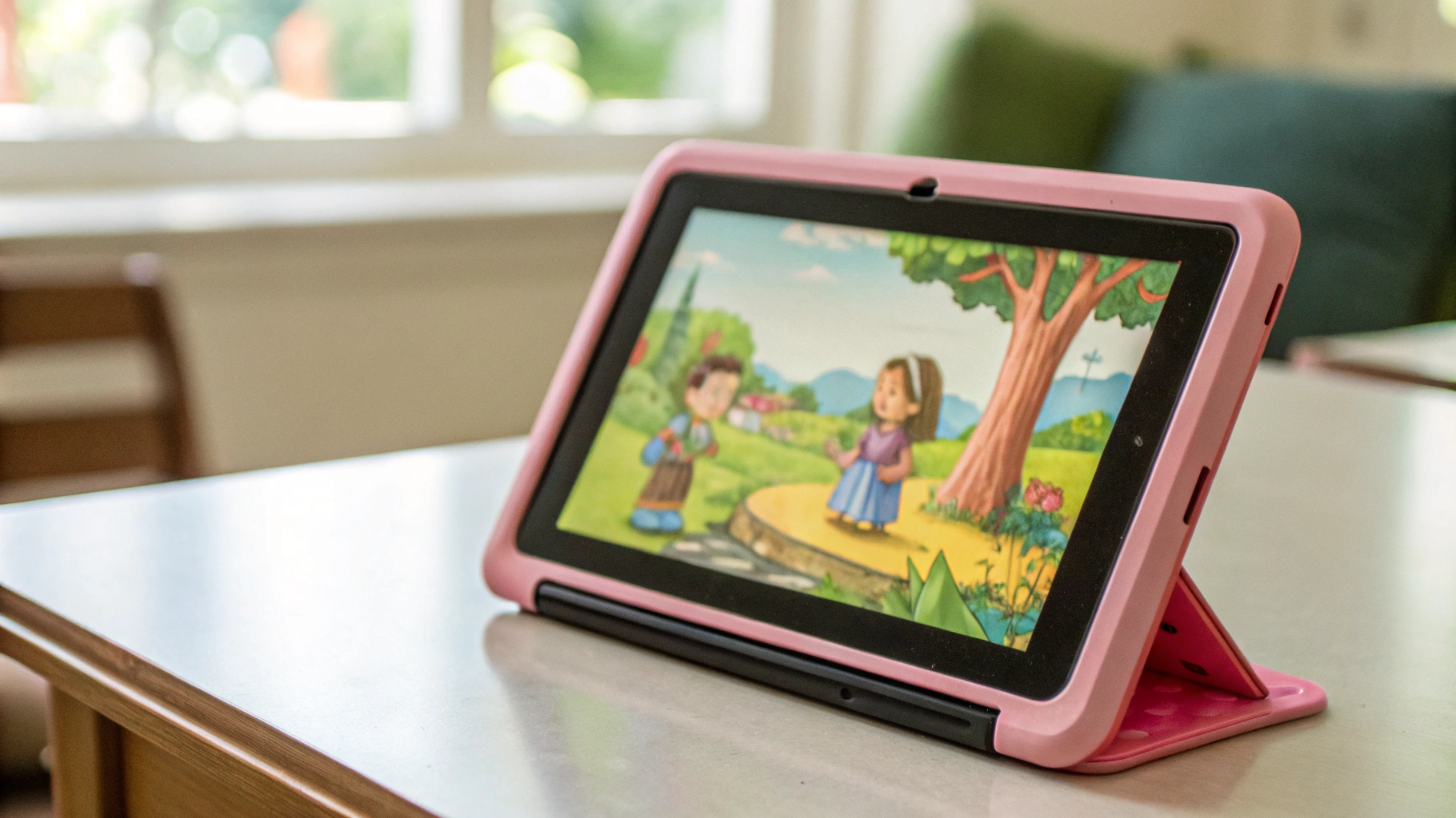 Бюджетный планшет на столе с включённым мультфильмом