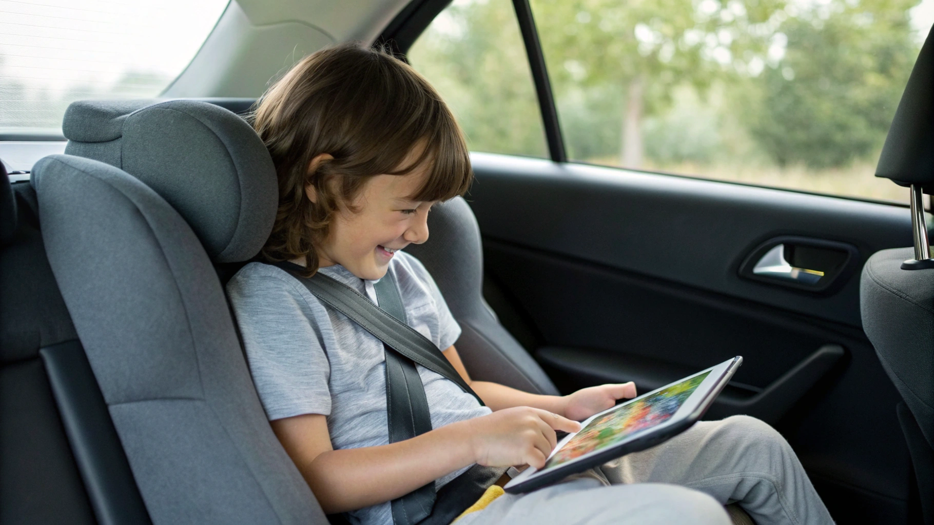 Ребёнок играет в простые игры на бюджетном планшете в дороге