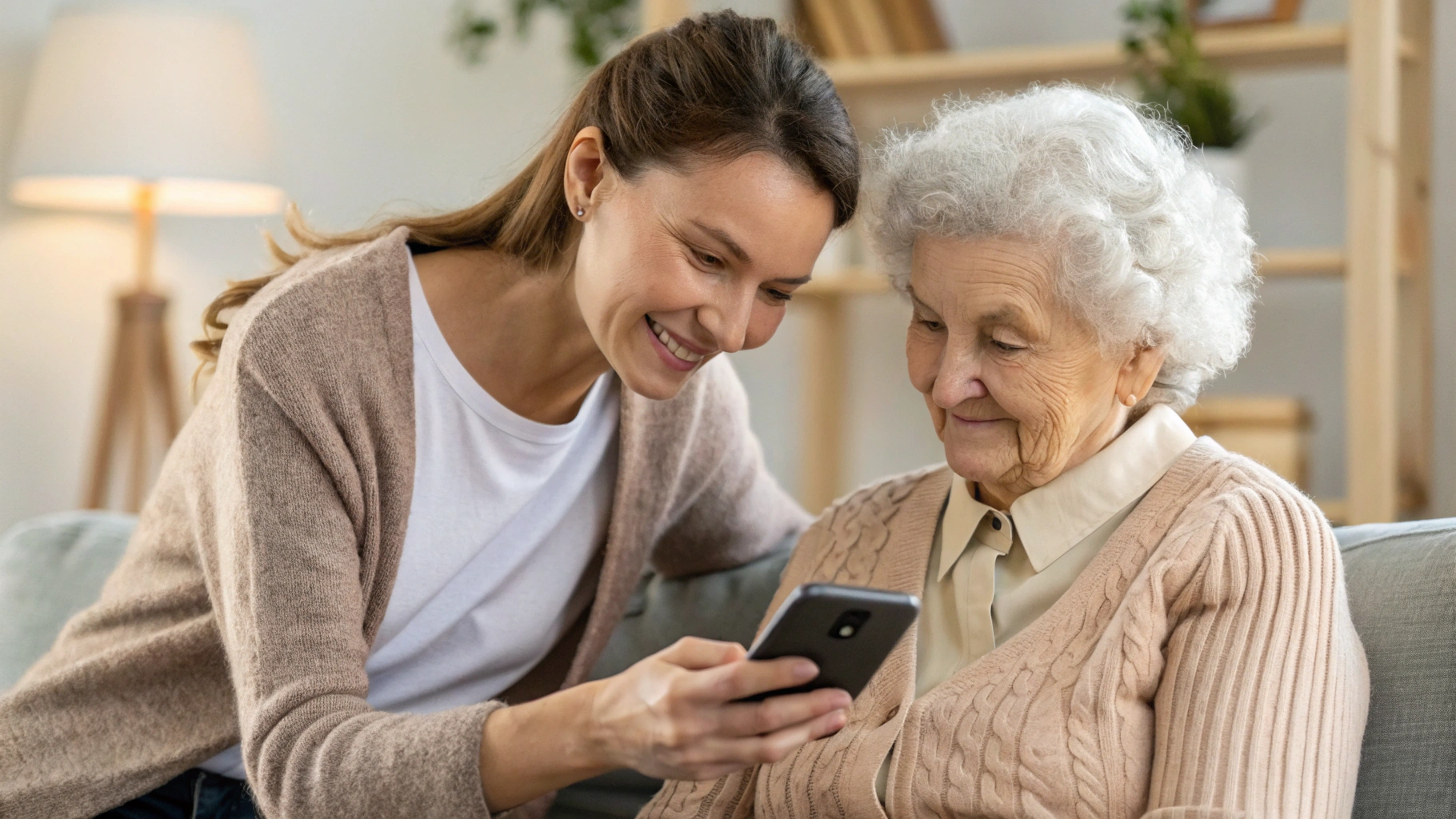 Взрослая дочь помогает пожилому родителю настроить SOS и избранные контакты на смартфоне