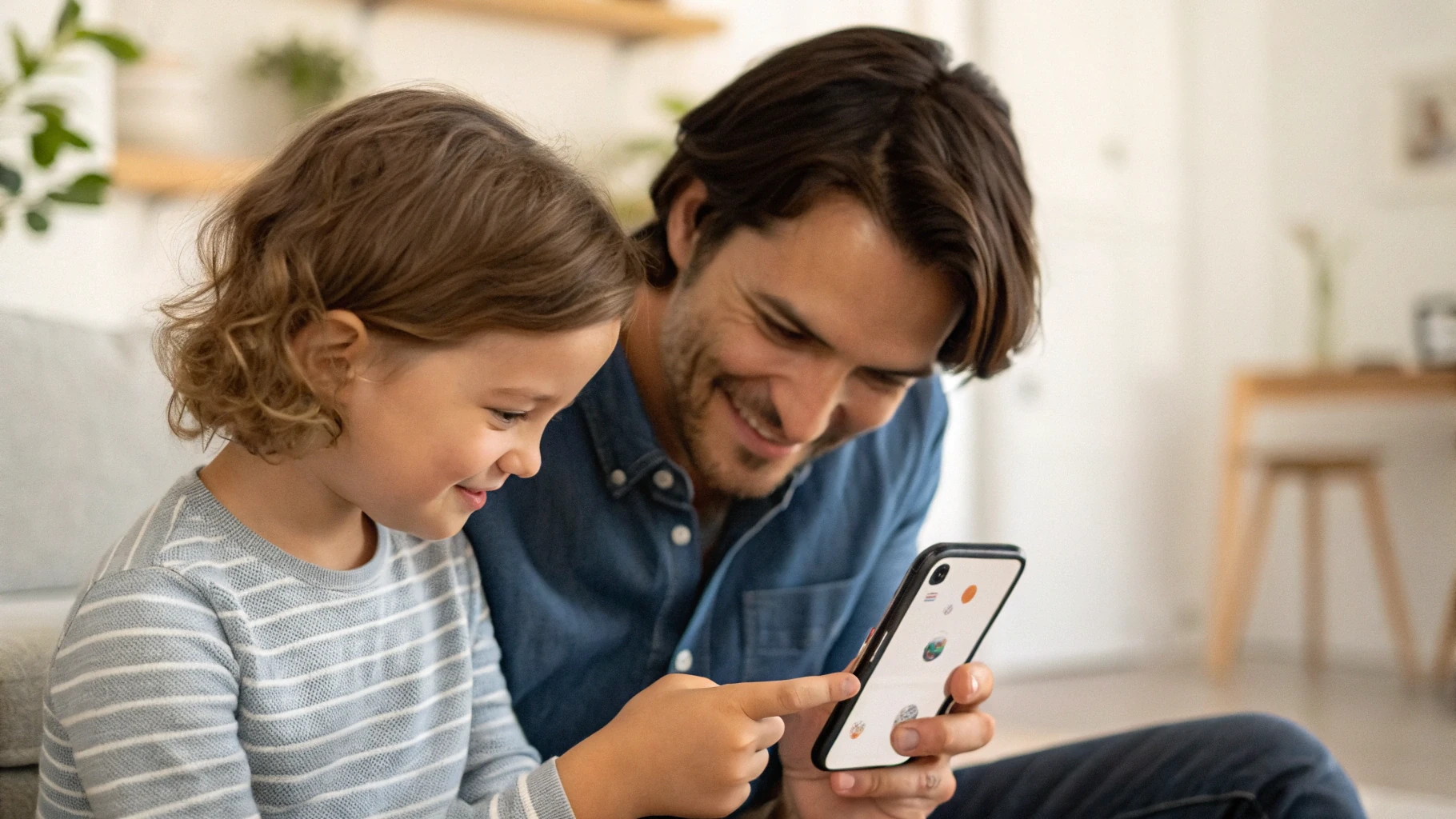 Родитель показывает ребёнку на iPhone настройки семейного доступа и экранного времени