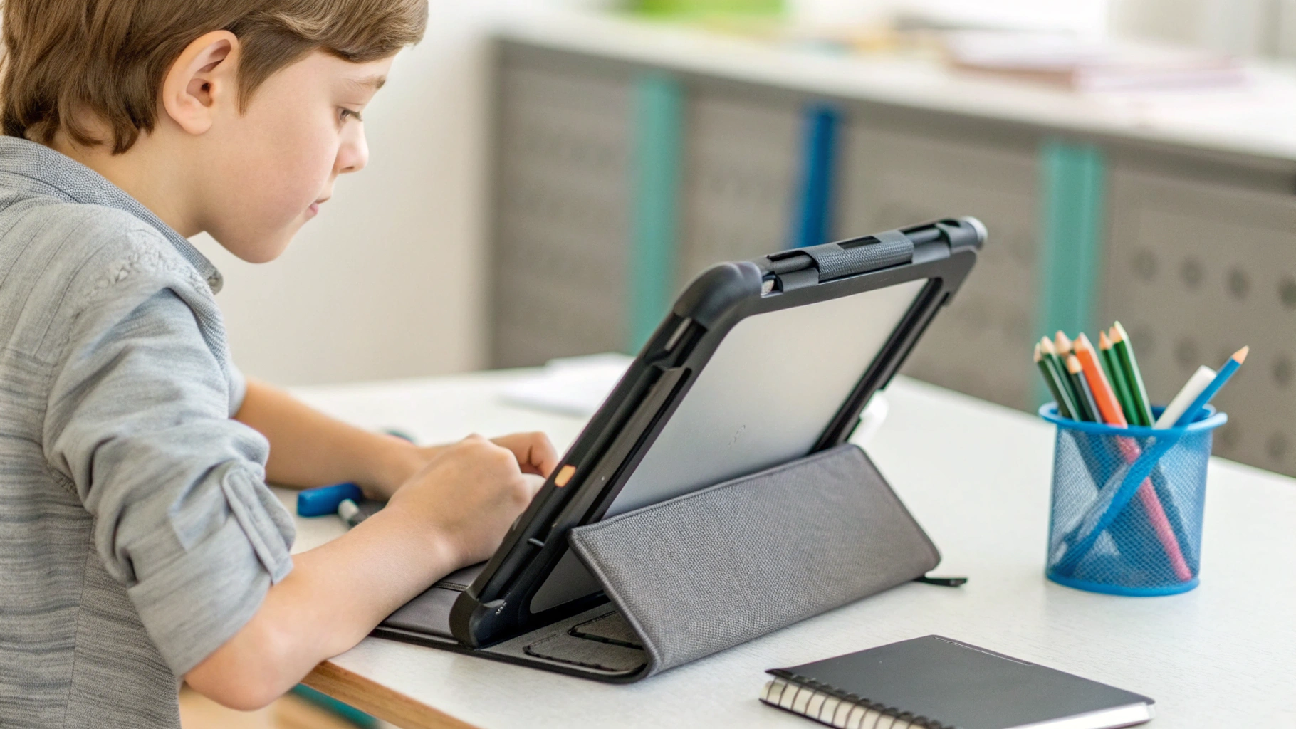 Ребенок пользуется Android‑планшетом в ударопрочном чехле на подставке за столом