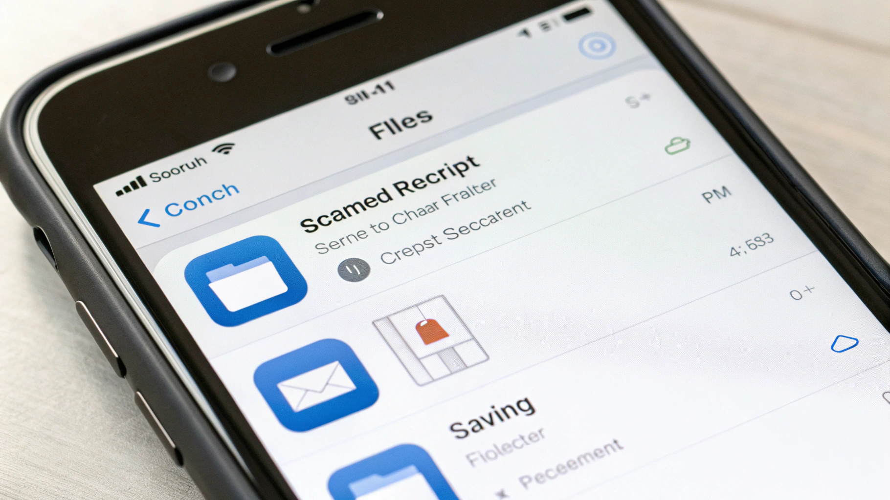 Крупный план экрана iPhone при сохранении отсканированного чека как PDF в папку клиента в приложении «Файлы»