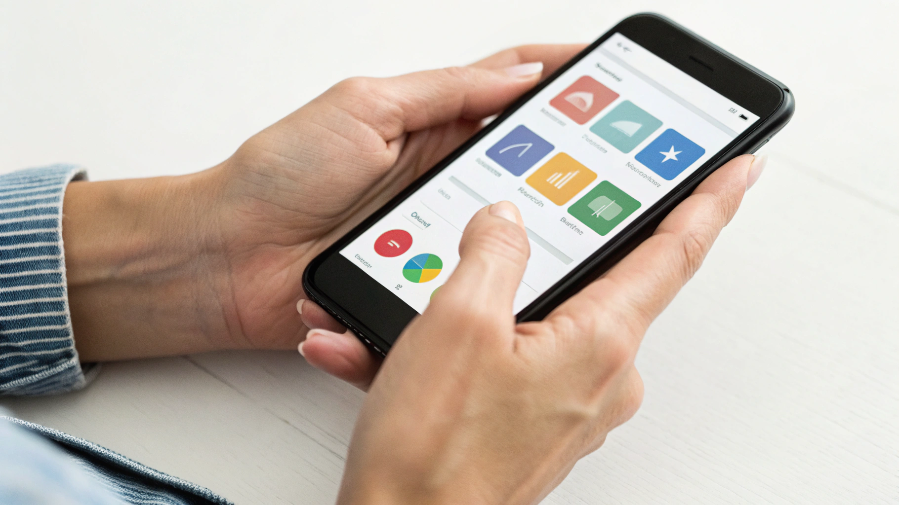 Смартфон с приложением для семейного бюджета и категориями расходов в руках пользователя