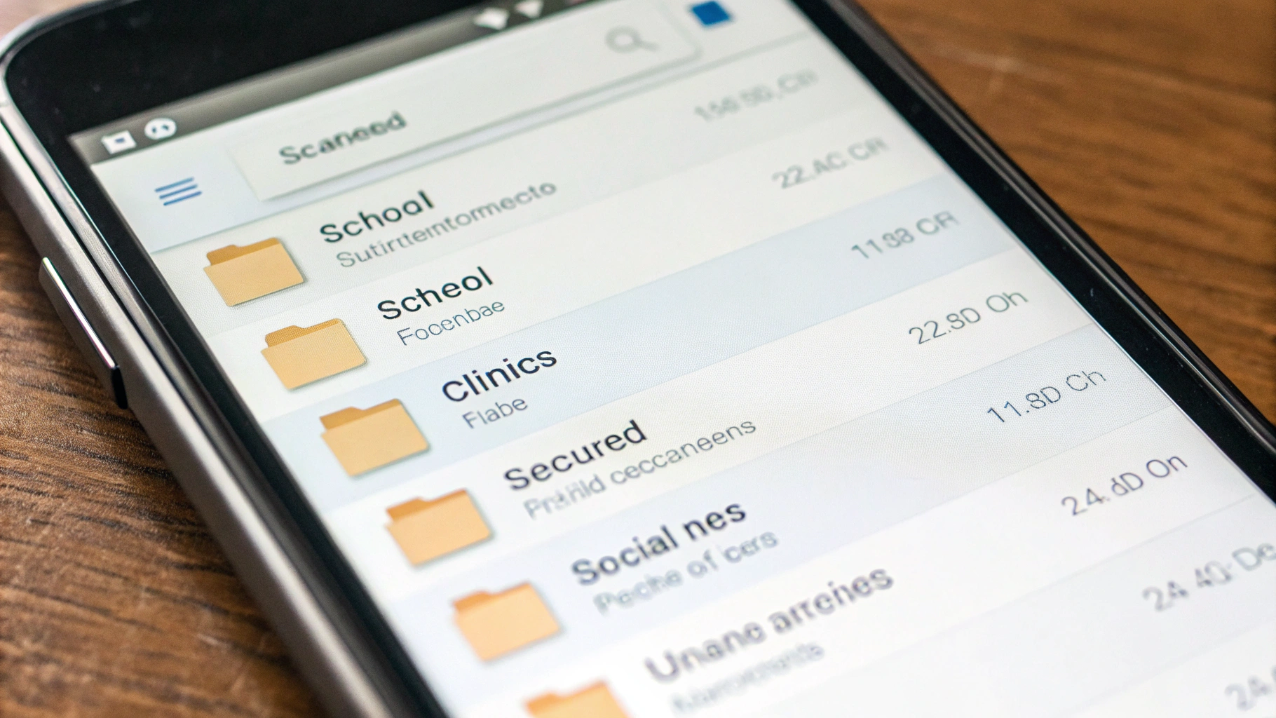 Экран Android-смартфона с отсканированными документами, разложенными по папкам школа, поликлиника и ЖКХ