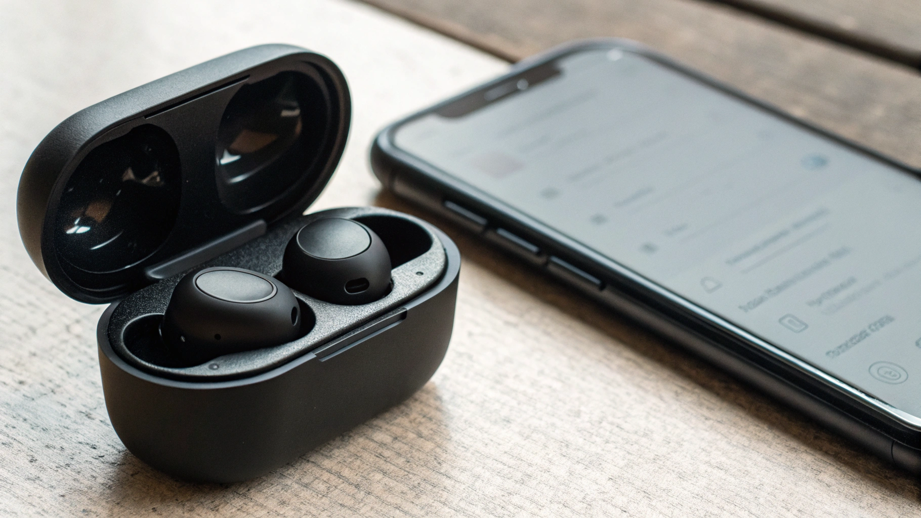 Беспроводные TWS-наушники в кейсе рядом со смартфоном с открытыми настройками Bluetooth