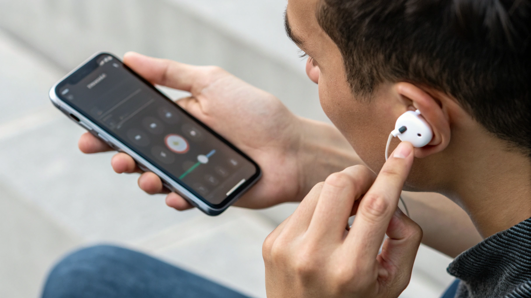 Пользователь подбирает амбушюры и настраивает жесты управления TWS-наушниками через приложение на смартфоне