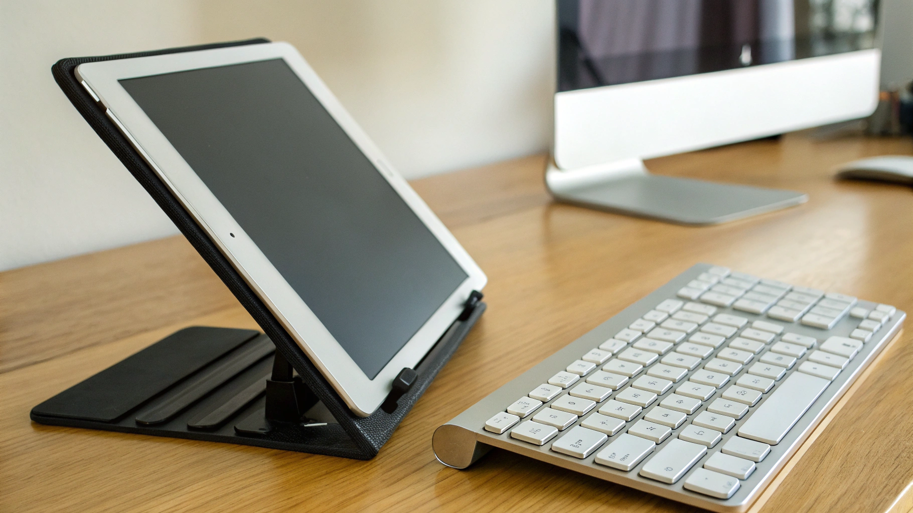 Планшет на регулируемой настольной подставке рядом с беспроводной клавиатурой