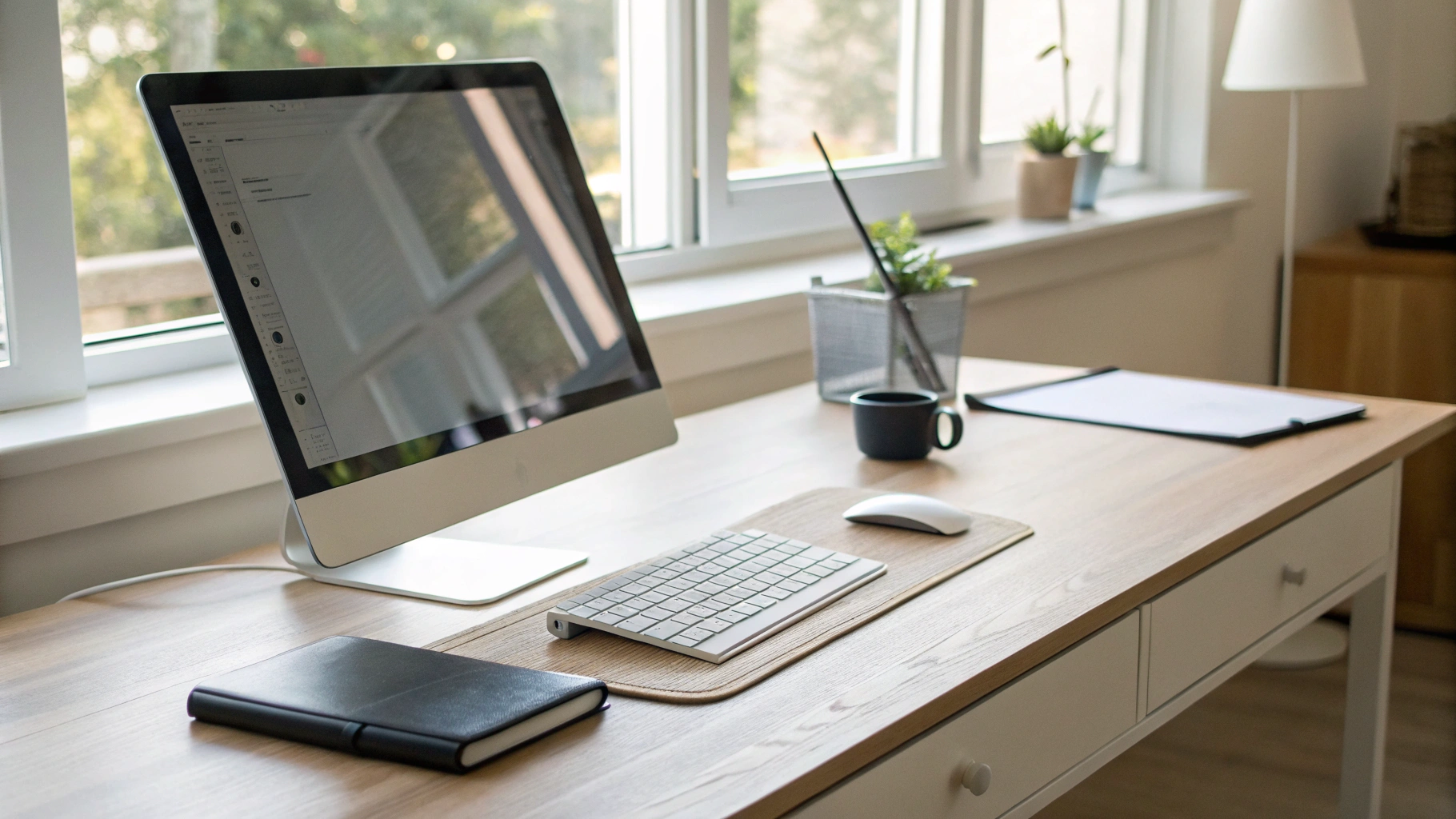 Планшет, подключенный к внешнему монитору, с клавиатурой и мышью на домашнем рабочем столе