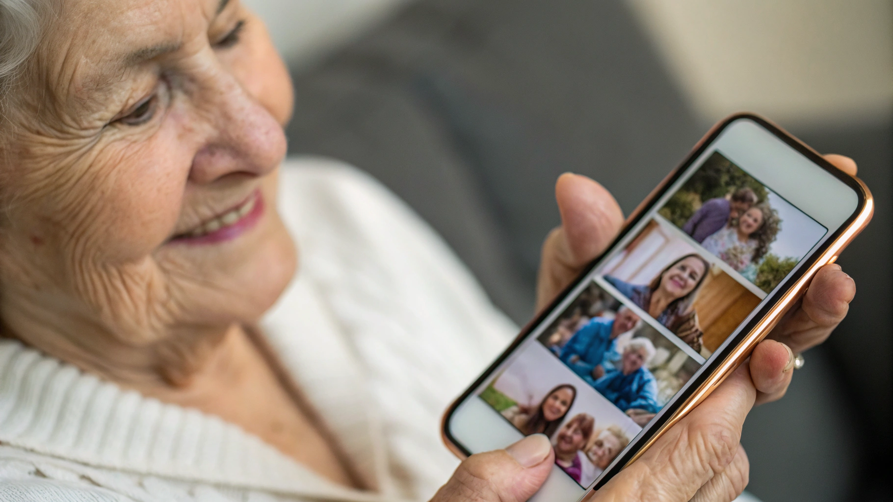 Пожилая женщина держит iPhone с открытым общим семейным альбомом фотографий