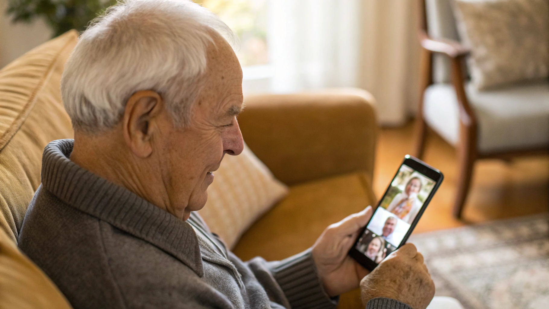 Дедушка пользуется простым Android‑смартфоном с крупными иконками семейных фото на домашнем экране
