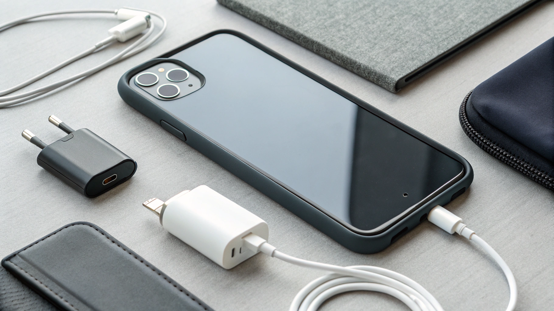 Новый смартфон на столе с базовым набором аксессуаров: чехол, защита экрана и зарядка