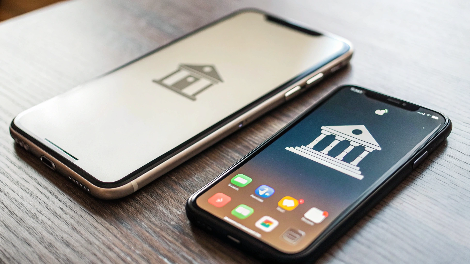 Смартфоны iPhone и Android с открытыми иконками банковских приложений на столе