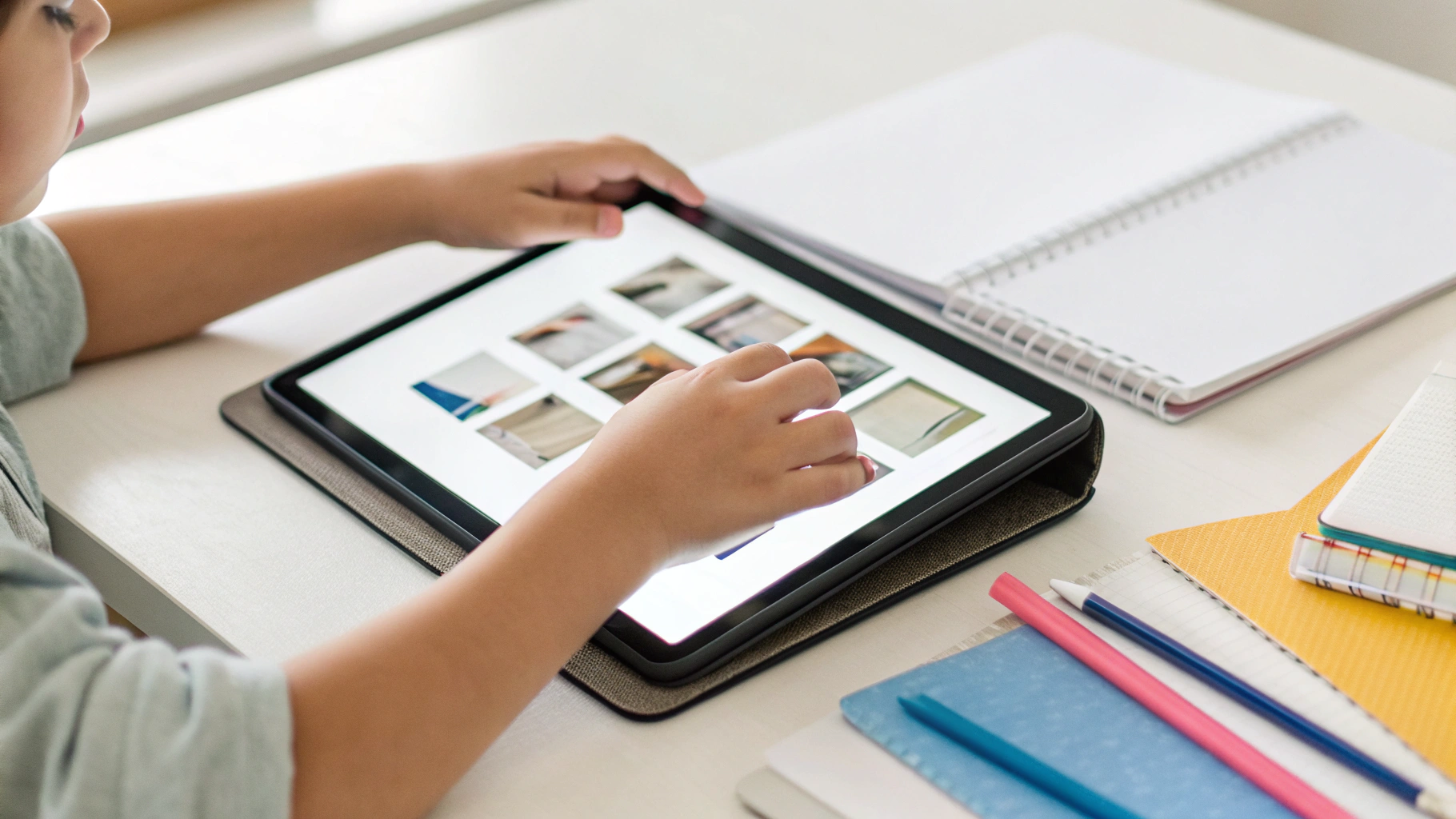 Ребенок настраивает папки и приложения для учебы на планшете