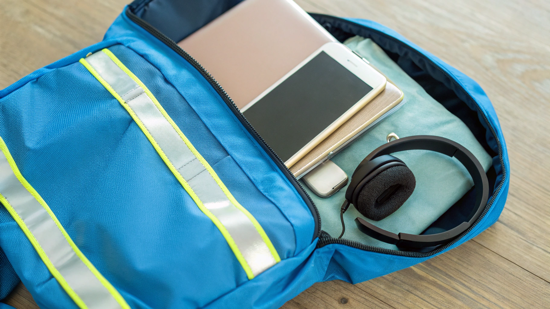 Школьный рюкзак с подготовленными к учебному году смартфоном, планшетом и аксессуарами