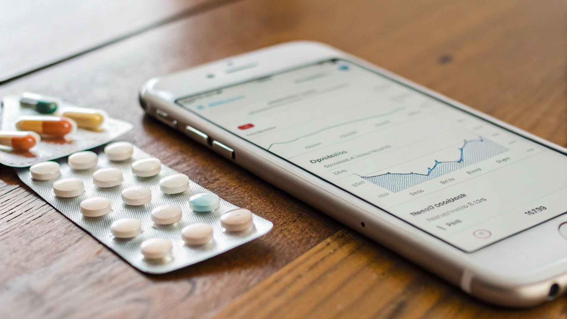 Крупный план iPhone с приложением здоровья и списком лекарств на экране рядом с упаковками таблеток