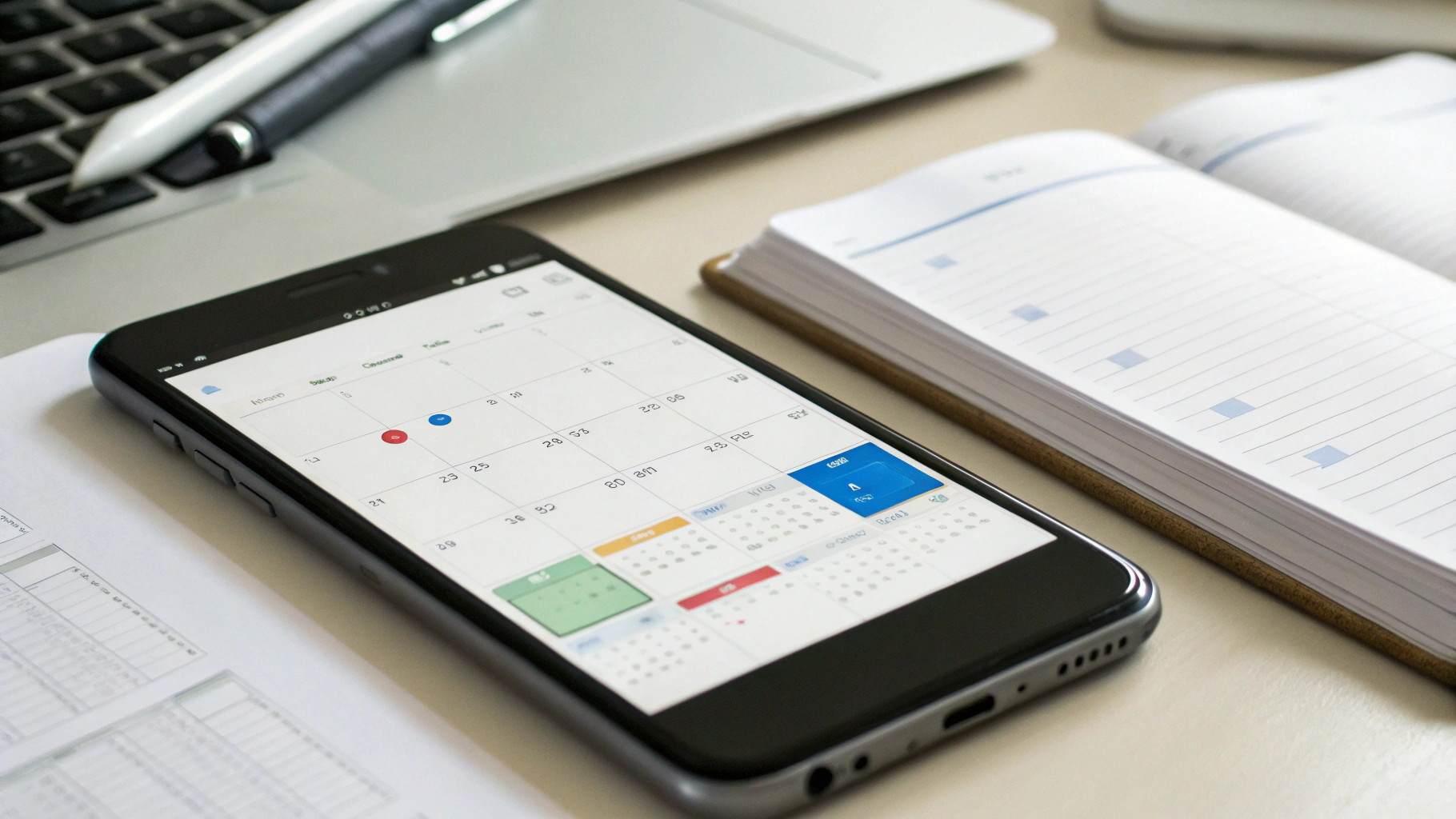 Android-смартфон на столе с открытым календарем и заметками о медкарте рядом с бумажными рецептами
