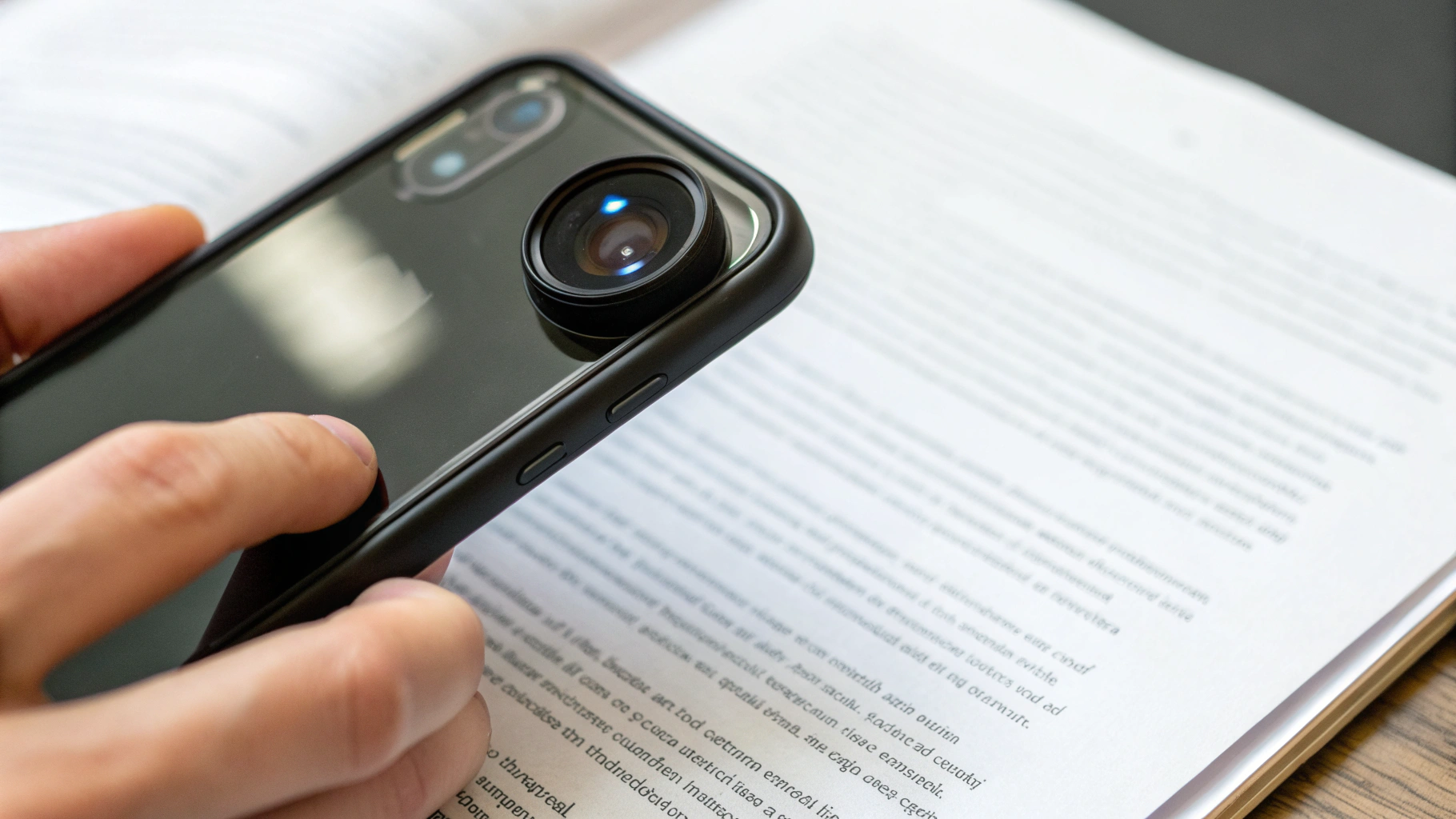 Смартфон снимает печатный документ крупным планом с отчётливым текстом на экране