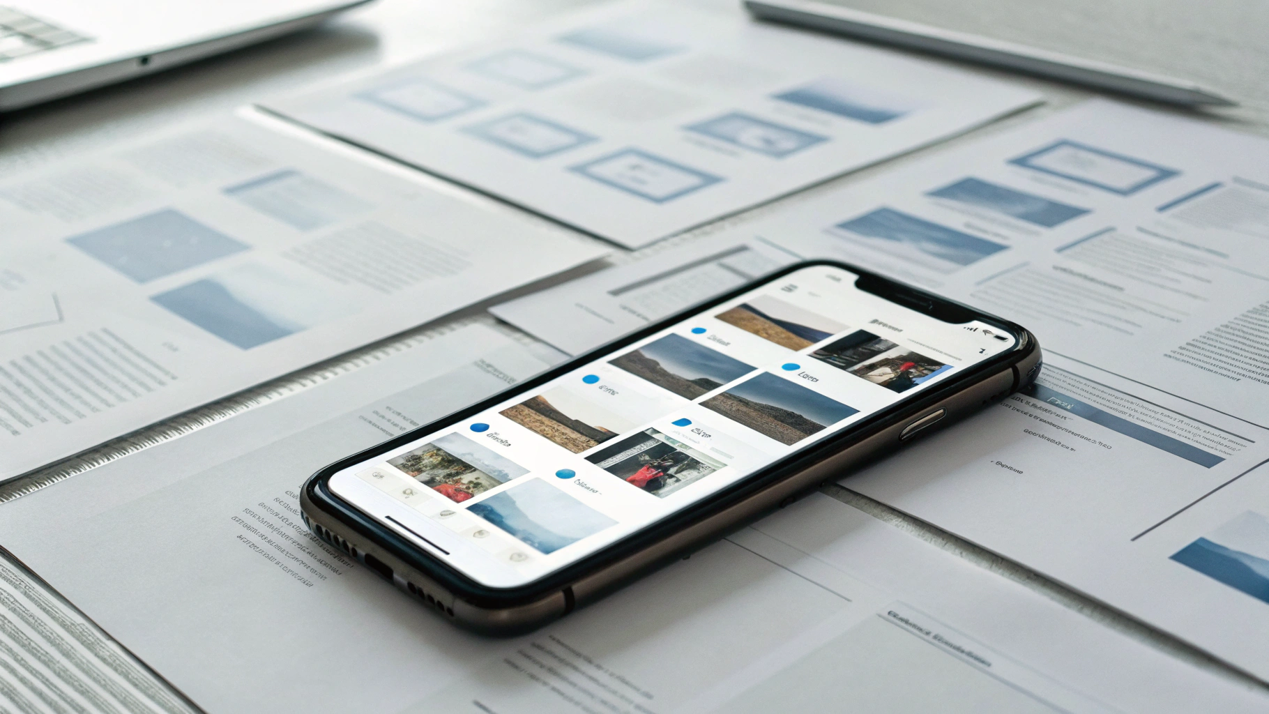 Смартфон на столе с превью отсканированных документов и иконками PDF