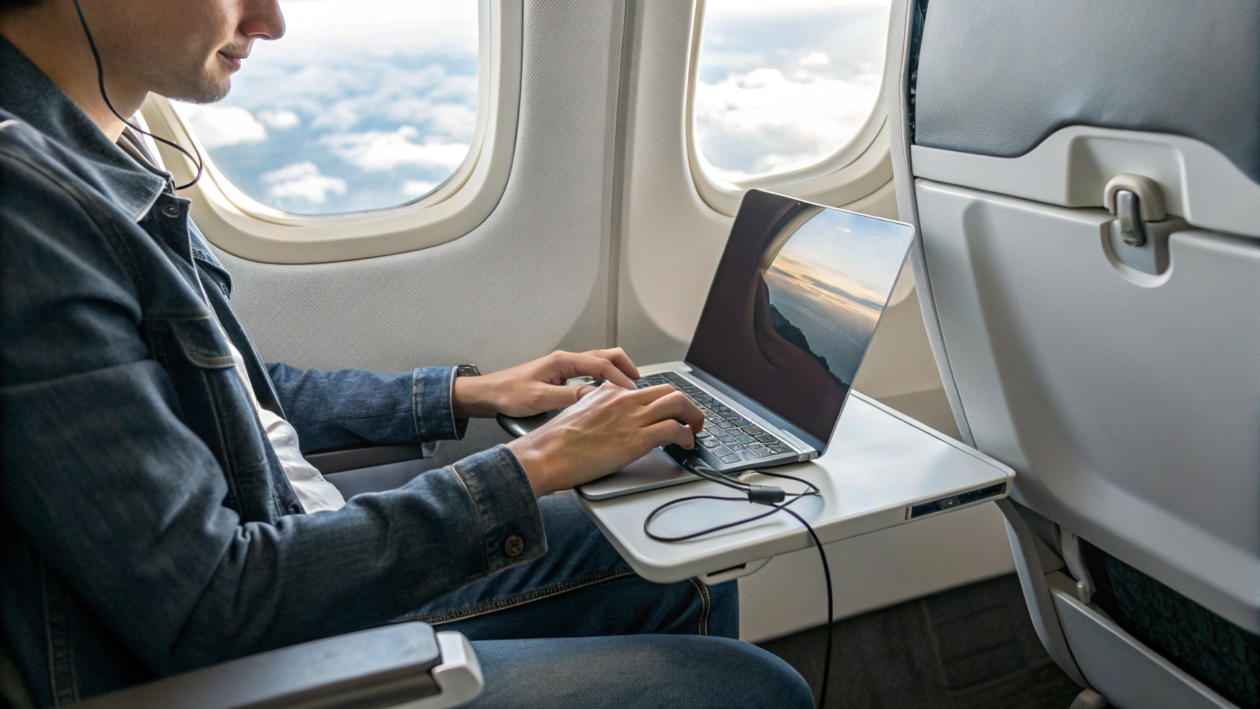 Путешественник работает за компактным ноутбуком в самолёте