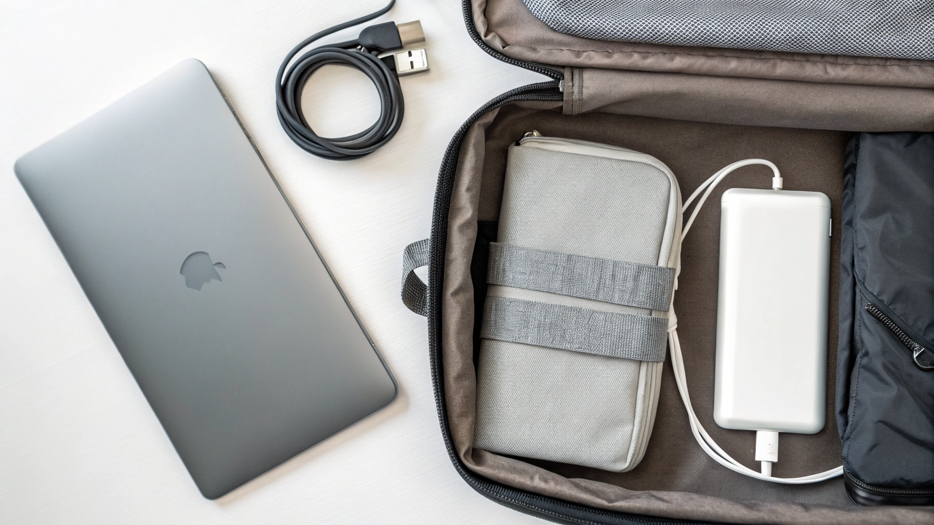 Лёгкий ноутбук, GaN-зарядка и пауэрбанк рядом с дорожным рюкзаком