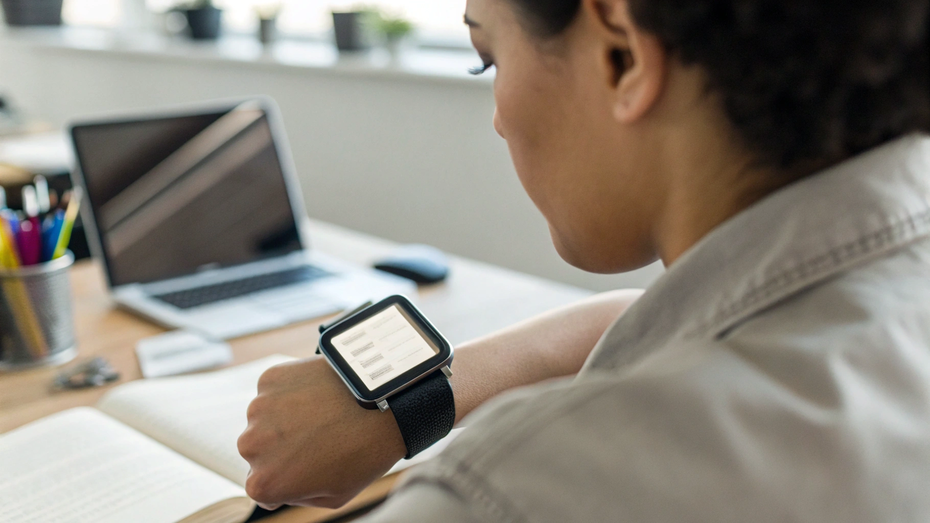 Человек читает длинное сообщение на прямоугольном экране смарт-часов в офисе