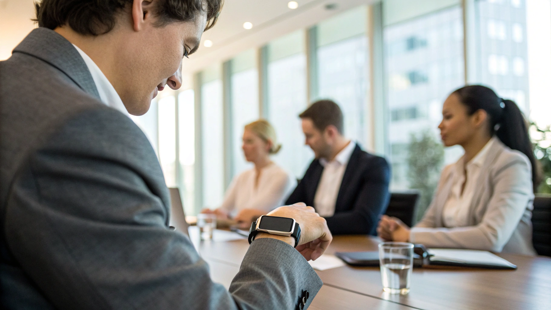 Деловая встреча, во время которой человек незаметно смотрит уведомление на смарт-часах