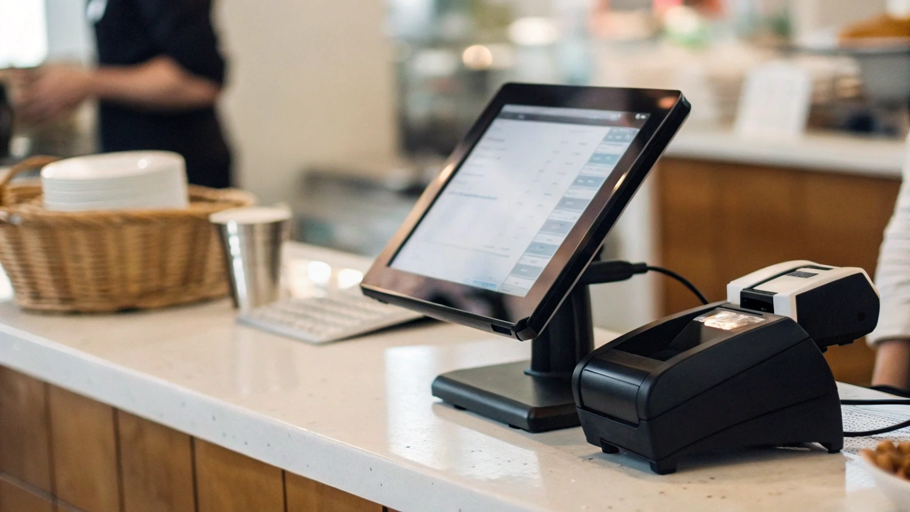 Планшет на стойке магазина используется как касса вместе со сканером и принтером чеков