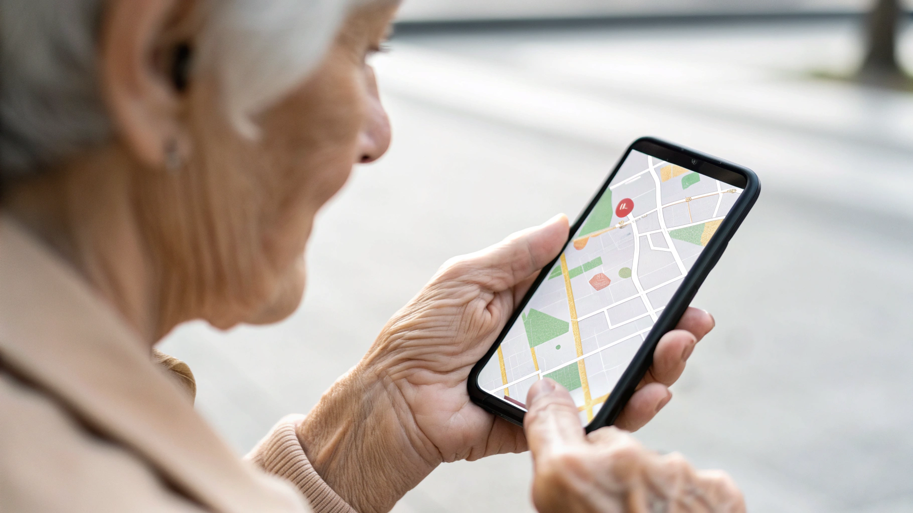 Смартфон с офлайн‑картой, где отмечены отель и аэропорт для родителей в путешествии