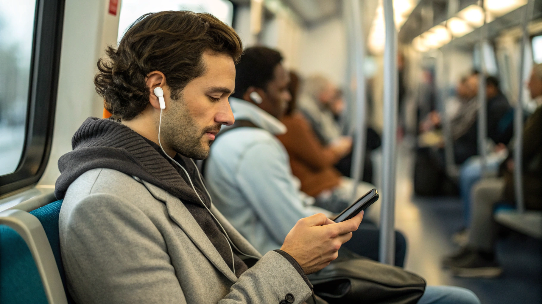 Человек в общественном транспорте слушает подкаст со смартфона в беспроводных наушниках