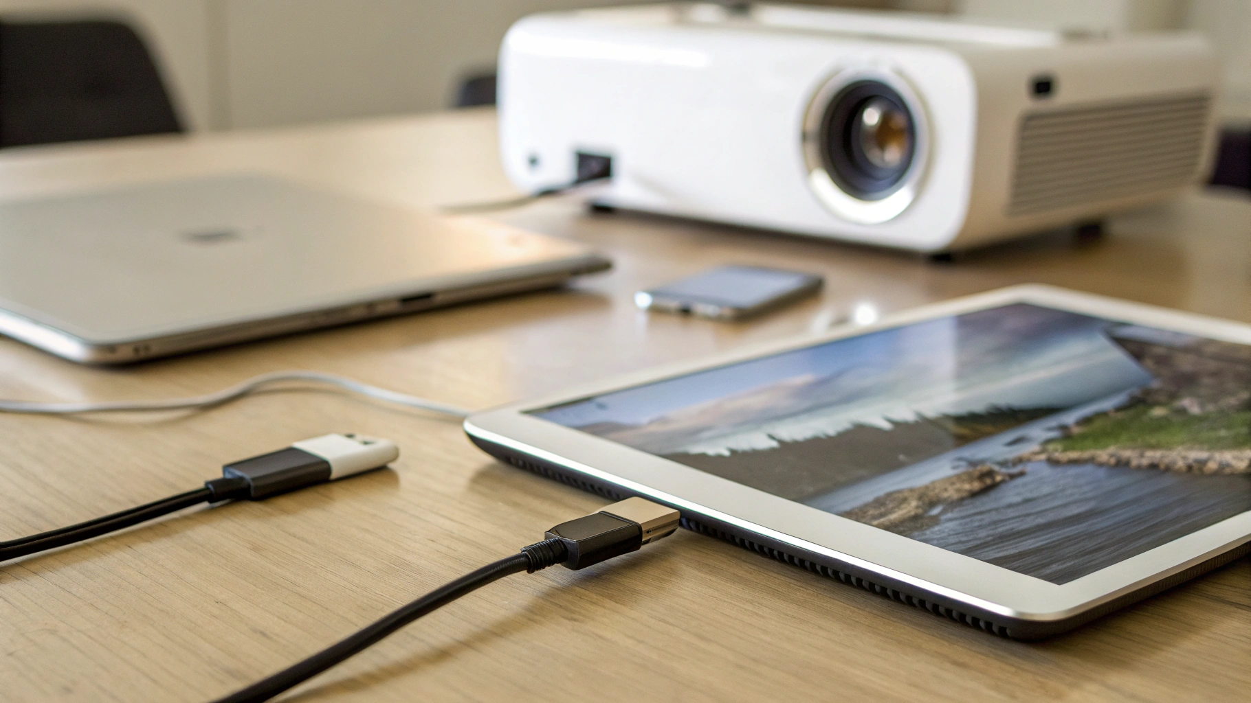 iPad и Samsung Tab на столе рядом с HDMI-адаптерами и проектором