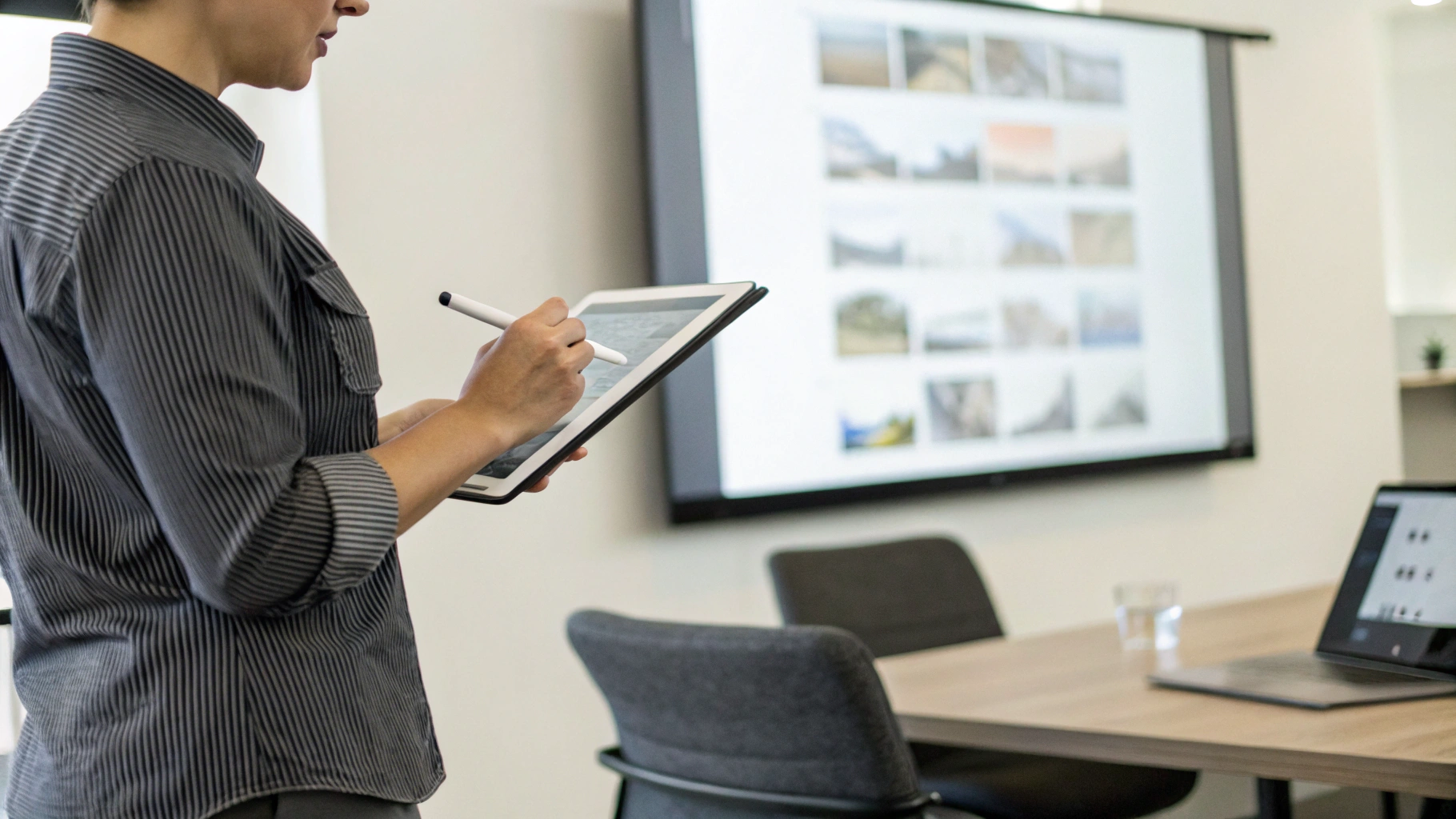 Выступающий управляет презентацией с планшета стилусом по беспроводному подключению