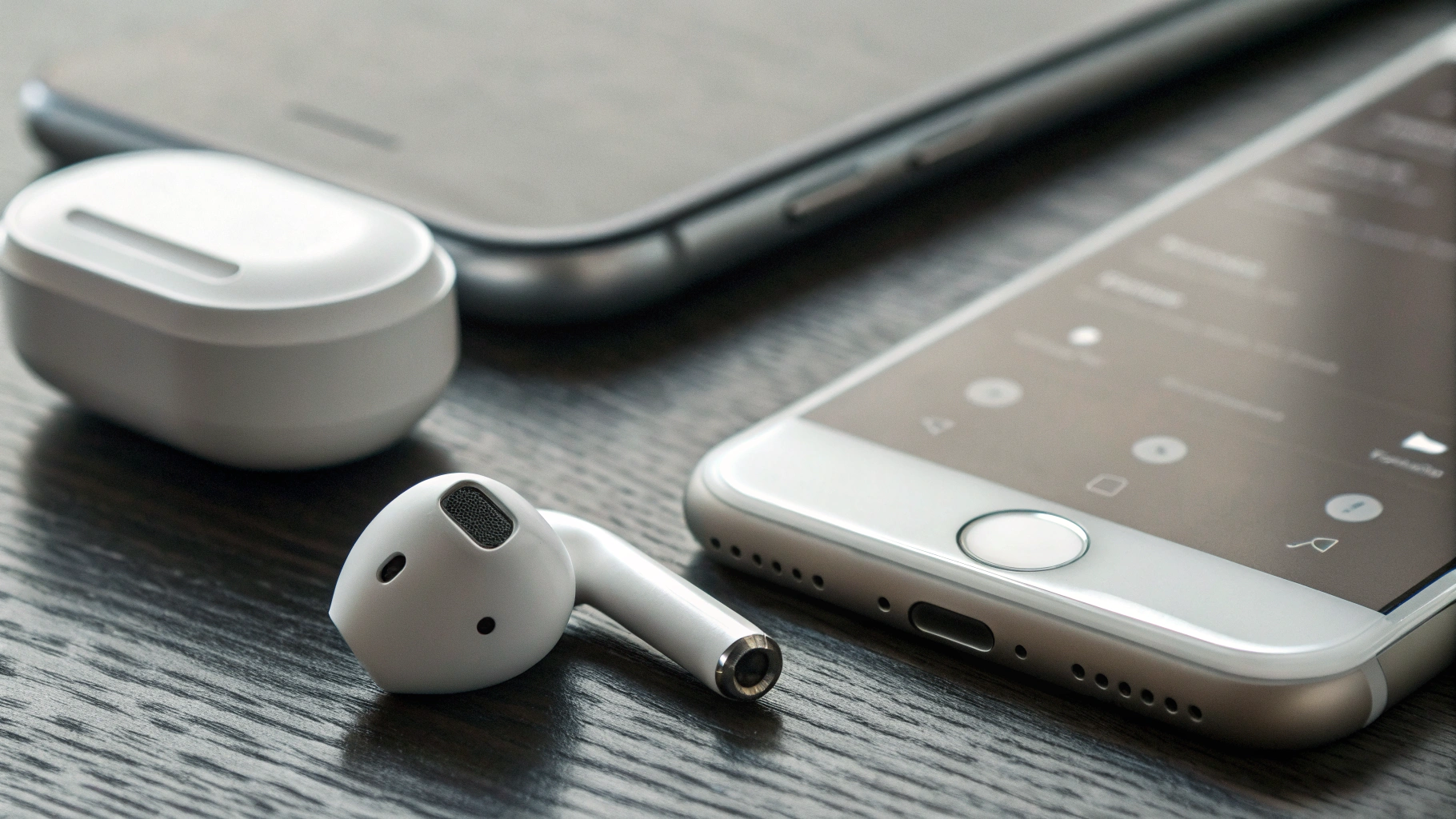 Смартфон с настройками Auracast рядом с беспроводными наушниками