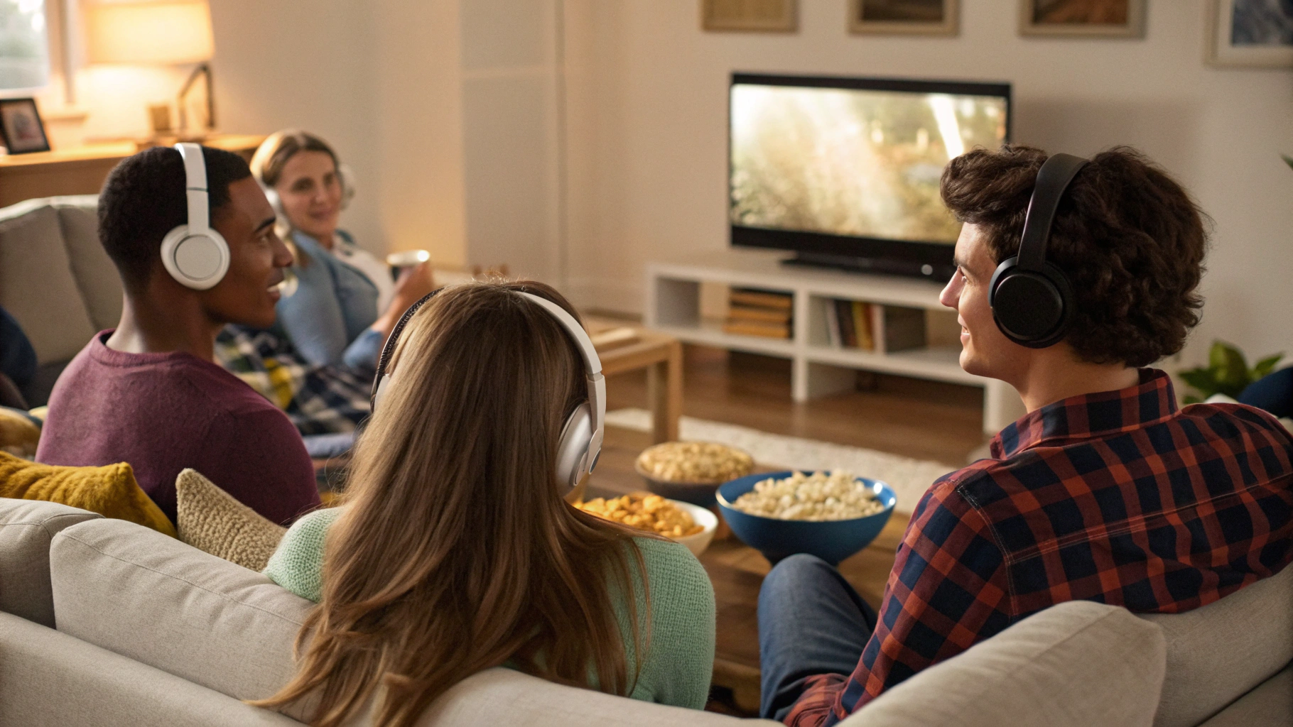 Компания дома смотрит фильм, слушая звук через общую Auracast‑трансляцию в наушниках