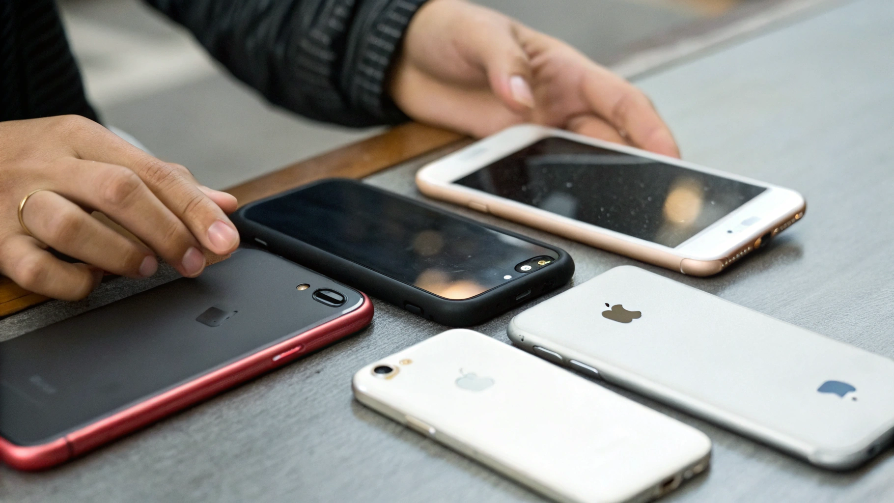 Покупатель сравнивает виброотклик разных смартфонов при наборе текста