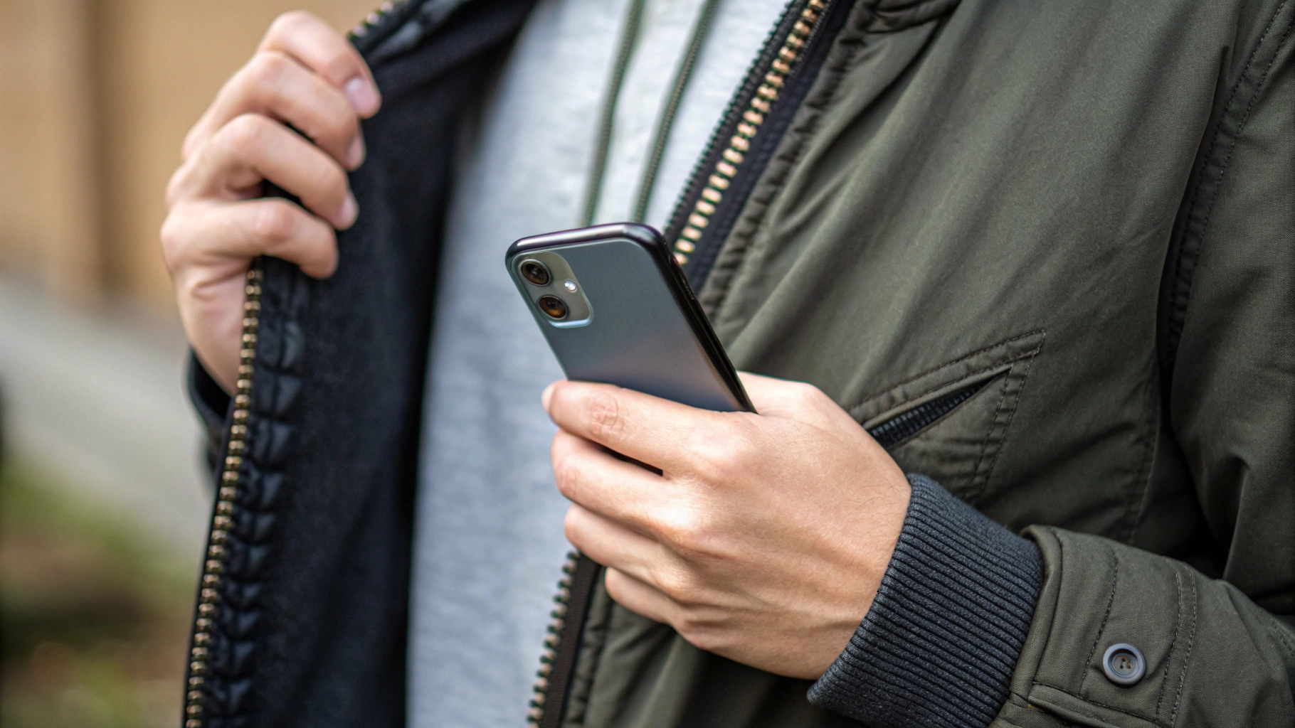 Смартфон вибрирует при входящем звонке в кармане куртки