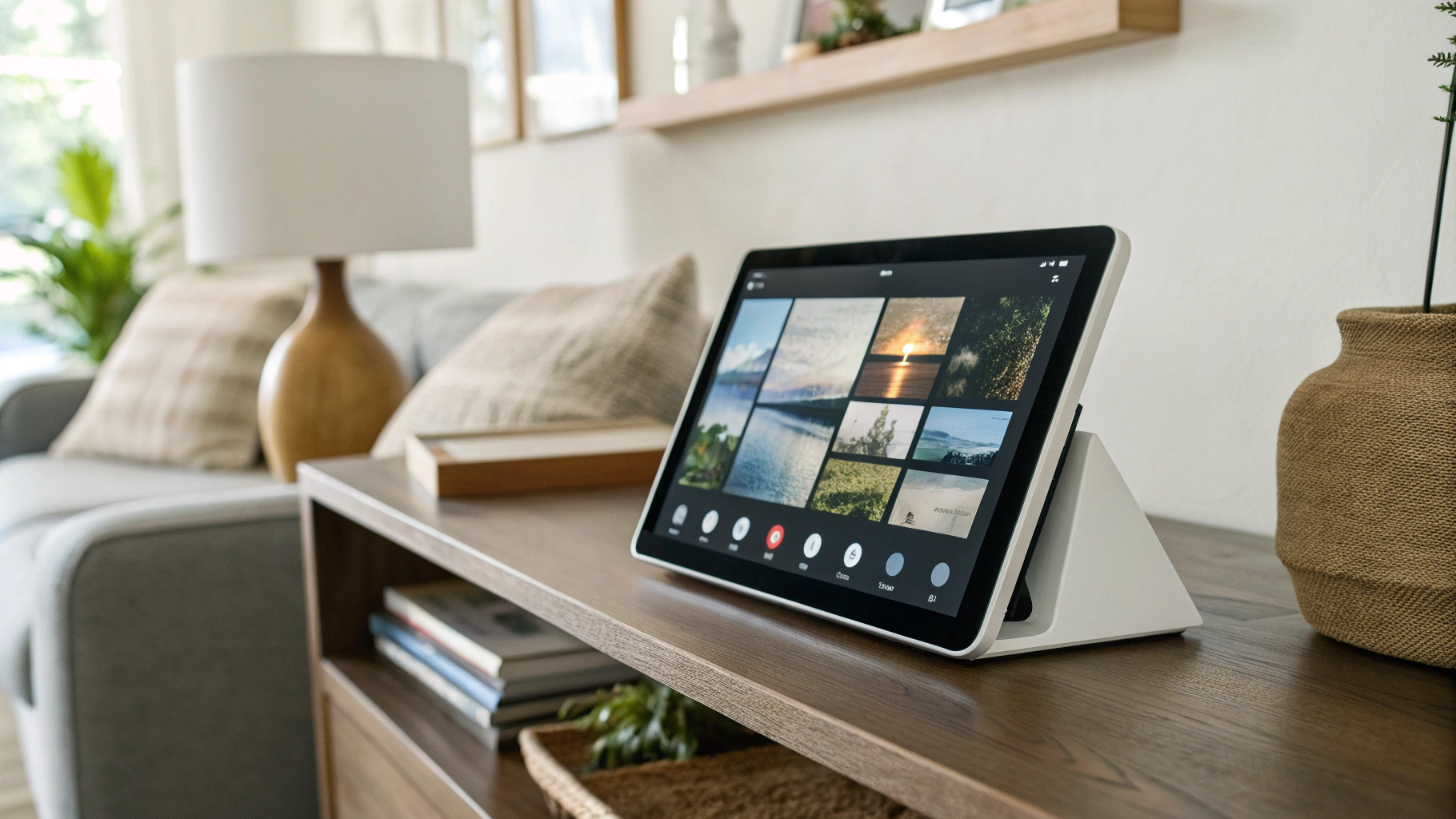 Android‑планшет на док‑станции в гостиной с виджетами погоды и умного дома на экране