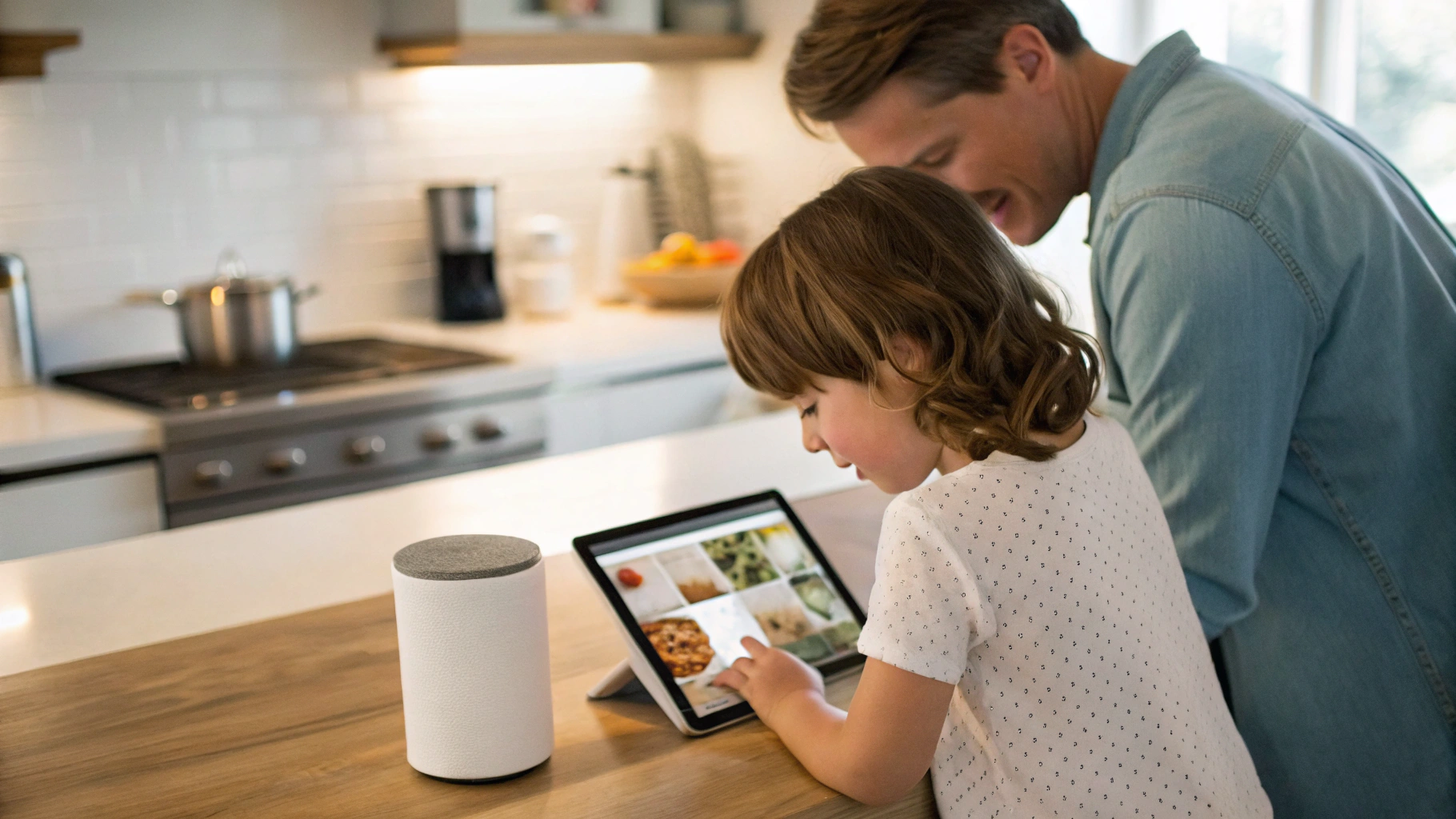 Ребенок и родитель используют семейный Android‑планшет на кухне для управления домом и рецептов