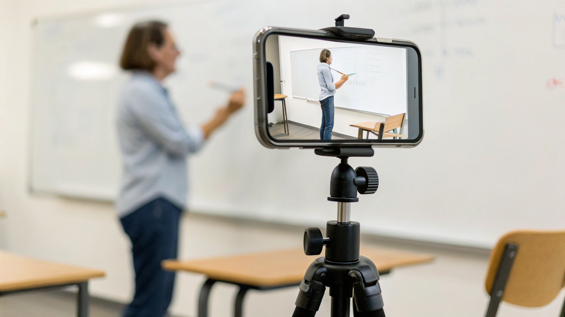 Смартфон на штативе записывает преподавателя на фоне маркерной доски