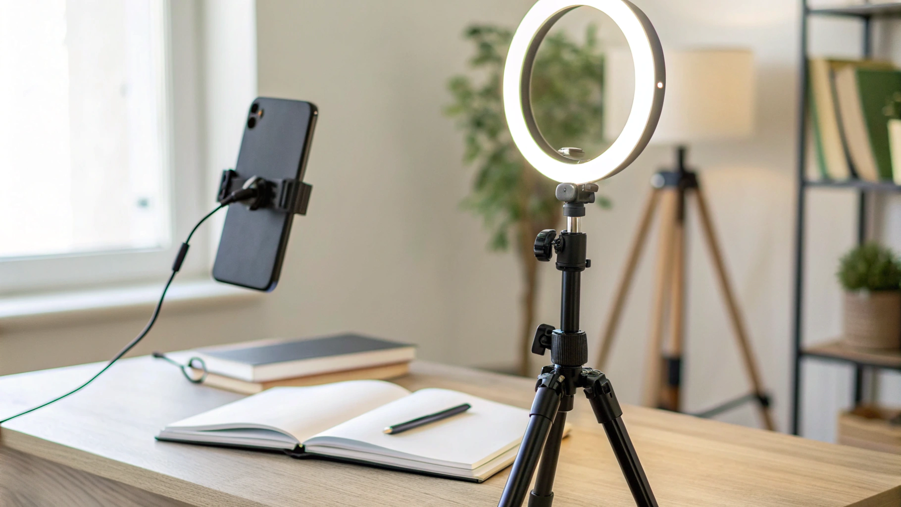 Рабочее место преподавателя с телефоном на штативе, кольцевым светом и ноутбуком для онлайн-уроков
