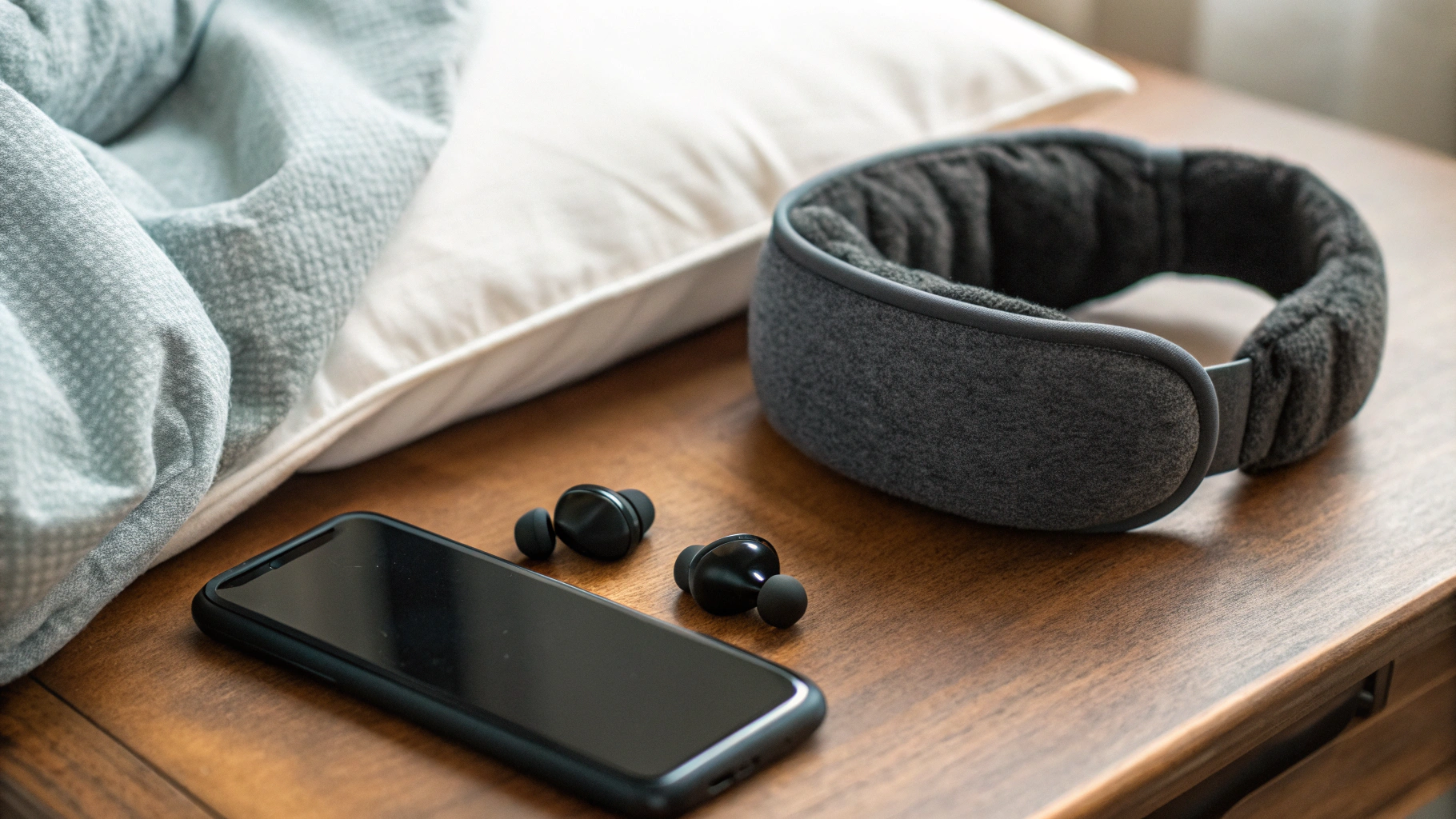 Миниатюрные TWS-вкладыши и мягкое оголовье для сна лежат рядом со смартфоном на тумбочке