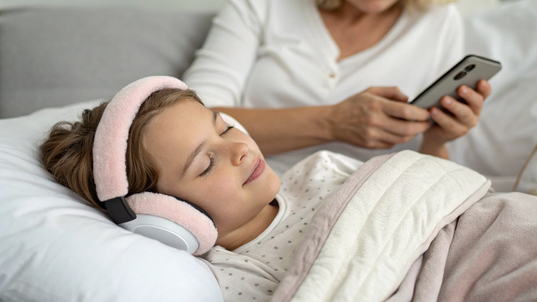 Ребёнок в мягком оголовье-наушниках слушает аудиосказку, родитель настраивает громкость на смартфоне