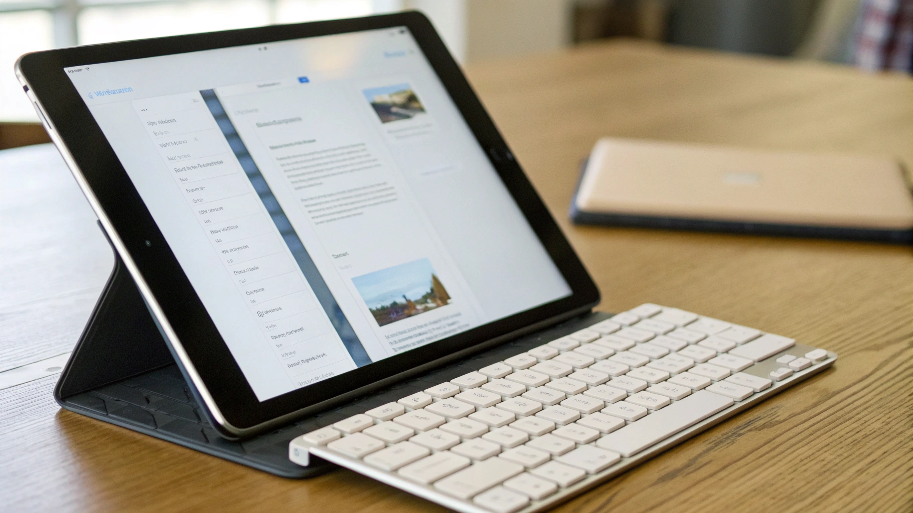 iPad на подставке работает в режиме Split View с документом и мессенджером
