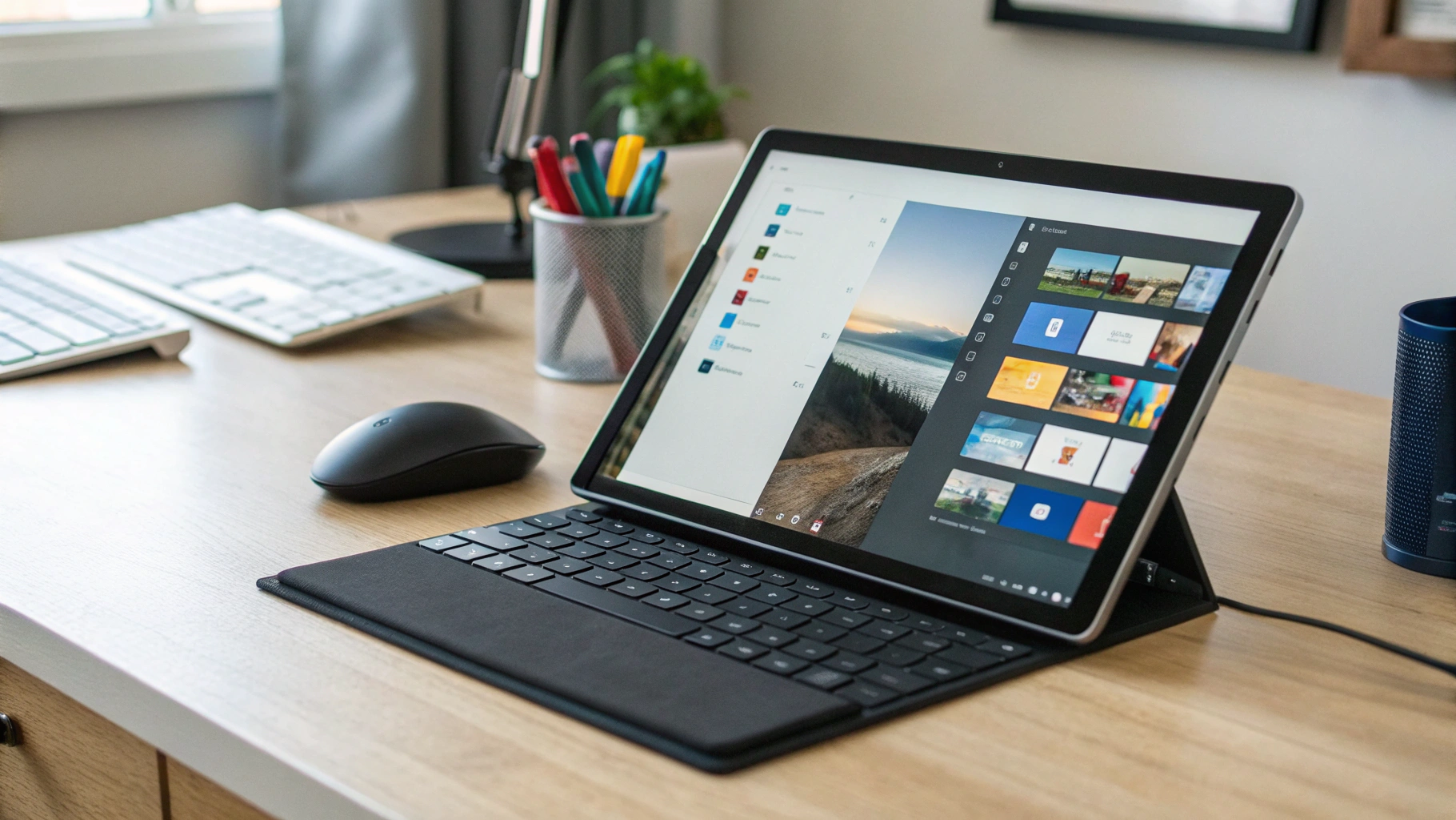 Android‑планшет Samsung Galaxy Tab в режиме настольного интерфейса с несколькими окнами
