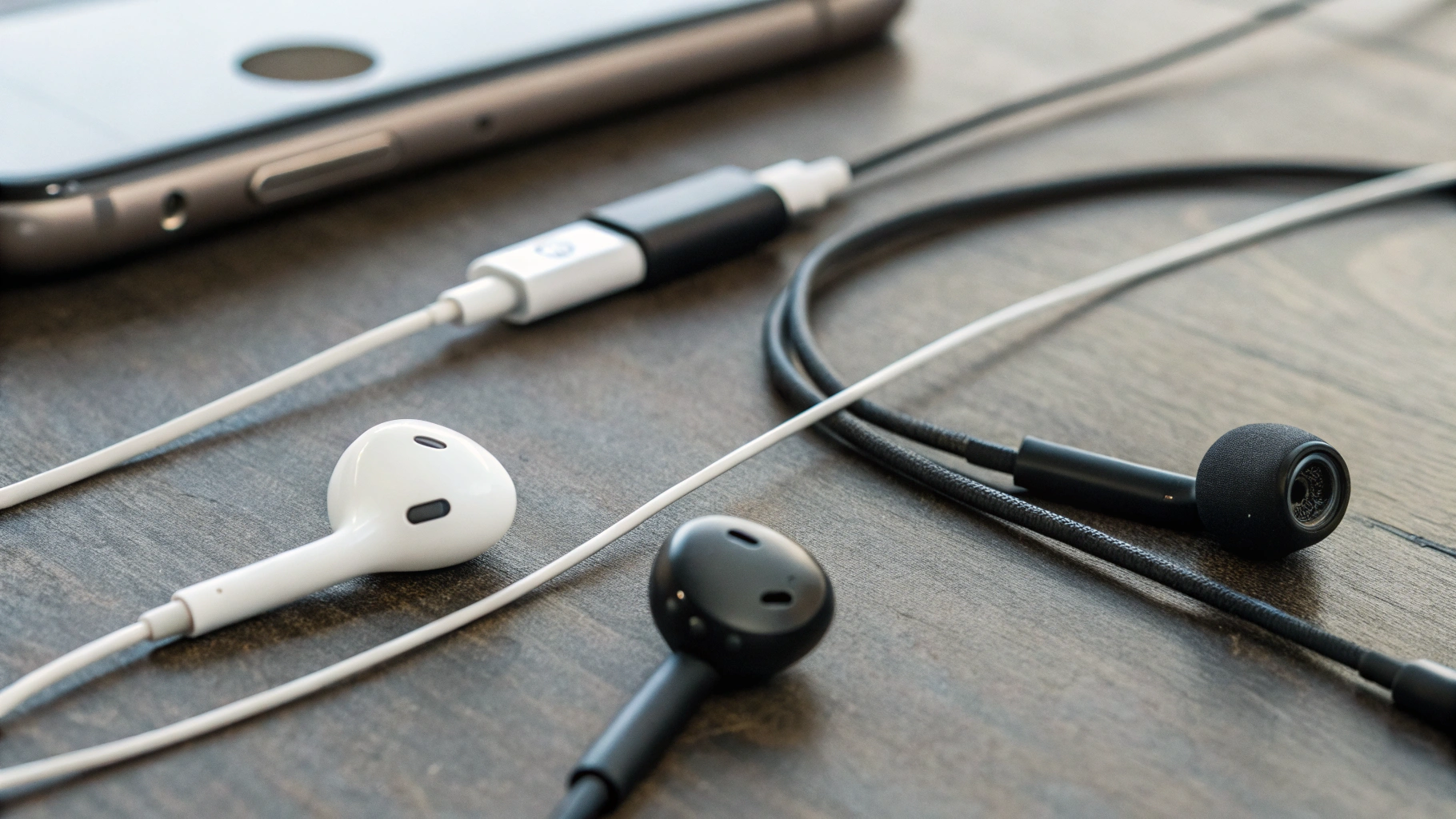 Разные типы проводных USB-C гарнитур с пультом управления на столе