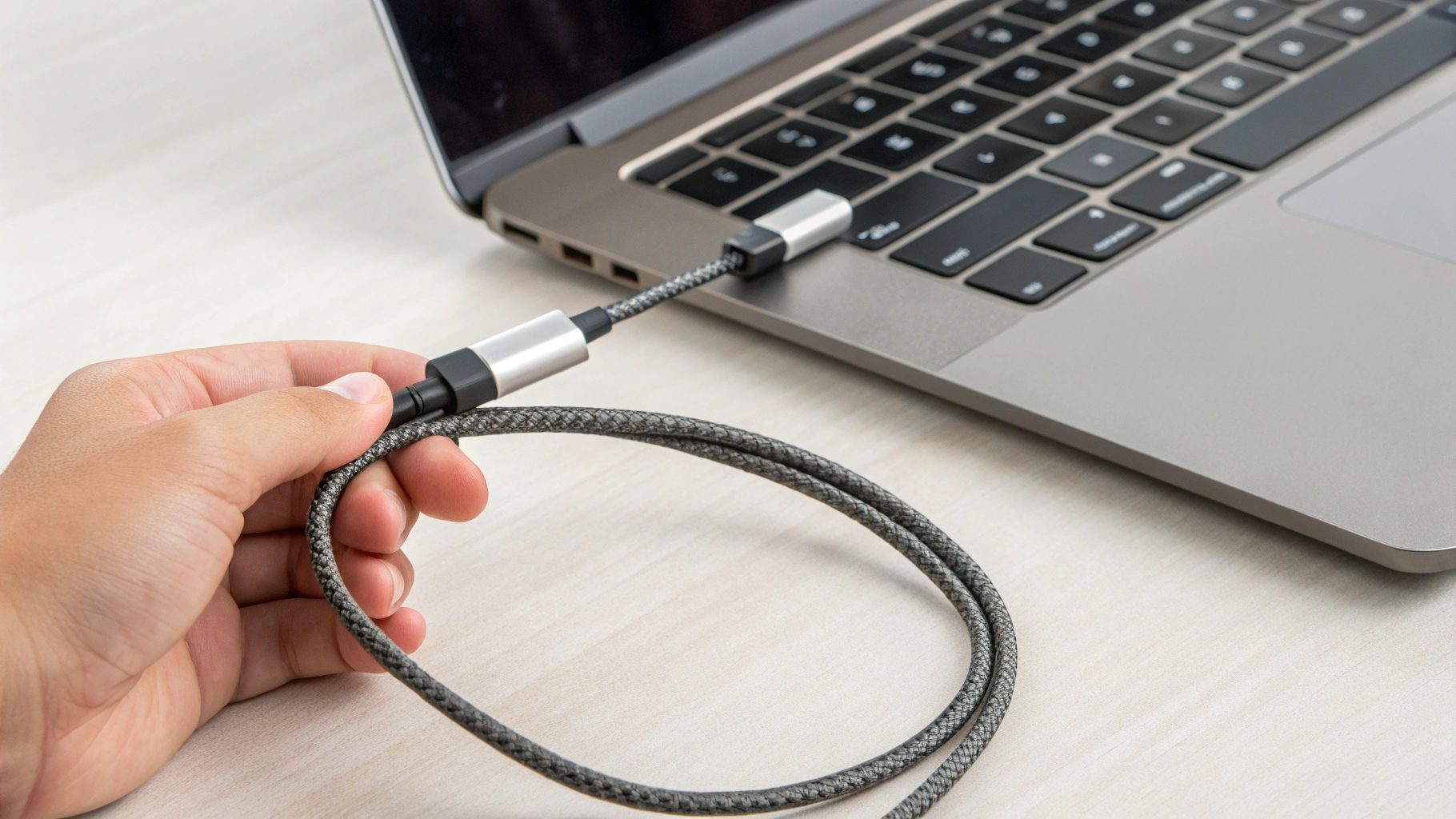 Кабель проводной USB-C гарнитуры с усиленным коннектором рядом с ноутбуком