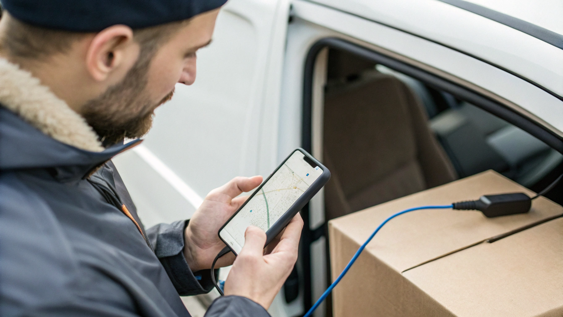 Курьер смотрит маршрут на смартфоне, подключённом к powerbank во время смены