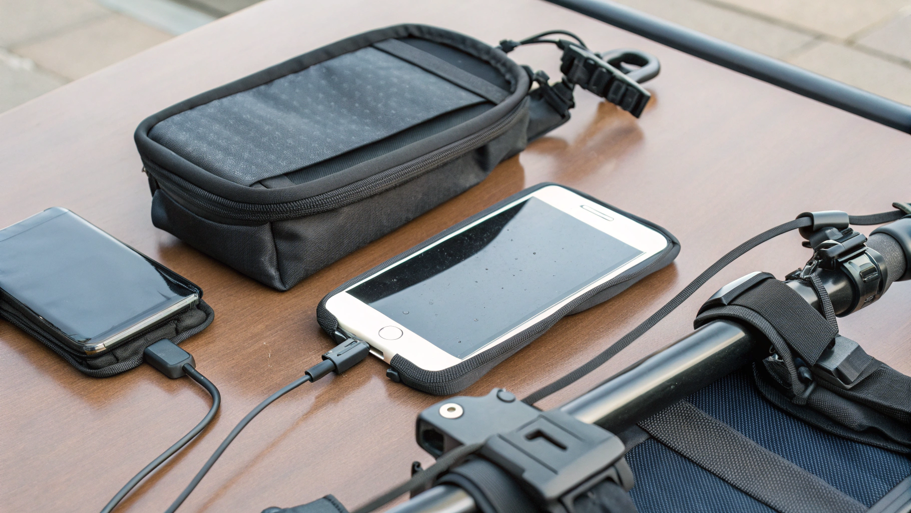 Набор аксессуаров курьера: держатель для смартфона, гермочехол и powerbank на столе