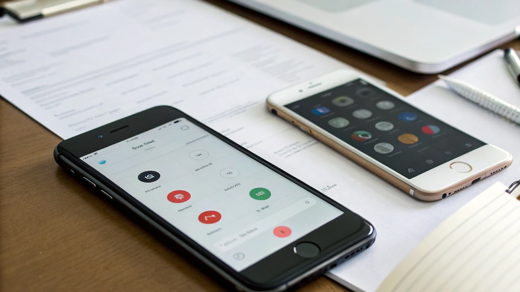 iPhone и Android‑смартфон на столе с заметками о настройке записи телефонных разговоров